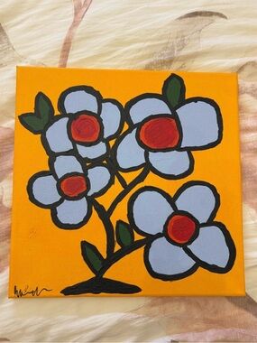 Hand Crafted Orange Canvas with Blue Petal Flowers